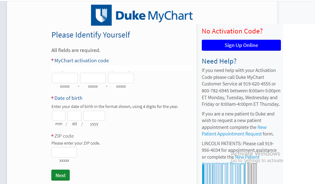 Duke MyChart Account Sign-Up